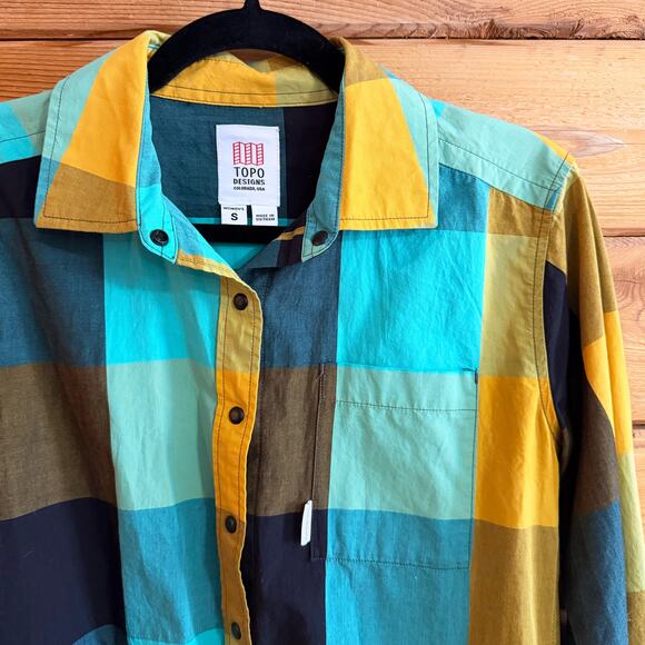 Topo Designs long sleeve plaid teal yellow Womens Small - Picture 3 of 5